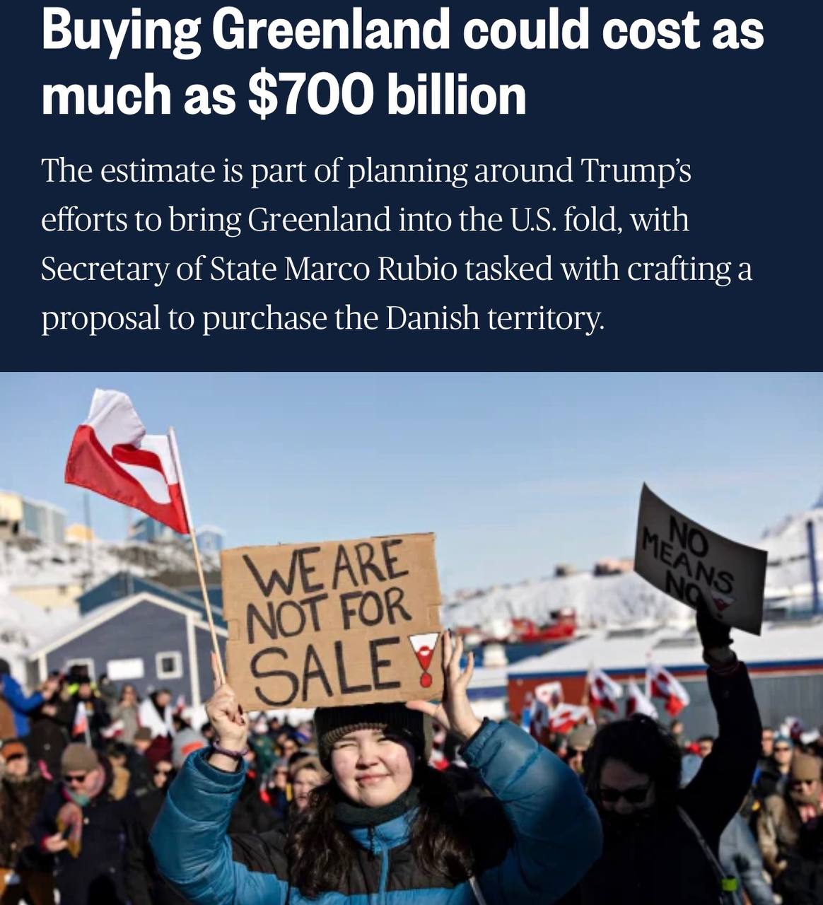 По информации телеканала NBC сенатор Рубио получил задание подготовить предложение о приобретении Гренландии в ближайшие недели Эксперты и экс чиновники США полагают что для успешной реализации сделки по покупке Гренландии стране может потребоваться выделение до 700 миллиардов долларов Эта сумма иллюстрирует предполагаемые расходы на реализацию данного арктического проекта в контексте стратегических интересов США