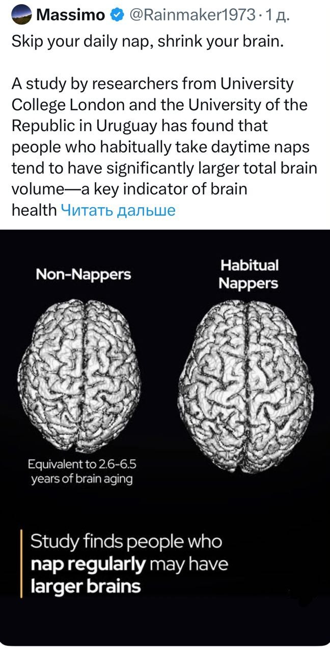 Регулярный дневной сон ЗАМЕДЛЯЕТ старение и увеличивает объём мозга исследование Учёные проанализировали МРТ более чем 35 000 участников исследования и обнаружили что у людей которые любят поспать днём объём мозга МОЛОЖЕ на 2 6 6 5 лет Кроме того У них была лучше память скорость реакции когнитивные функции и более молодой мозг Для сохранения молодости мозга достаточно 15 30 минут сна в день Сон это буквально перезагрузка Дневной сон просто защищает мозг от перенапряжения и ежедневного стресса Отправляем начальнику и пропадаем на 30 минут