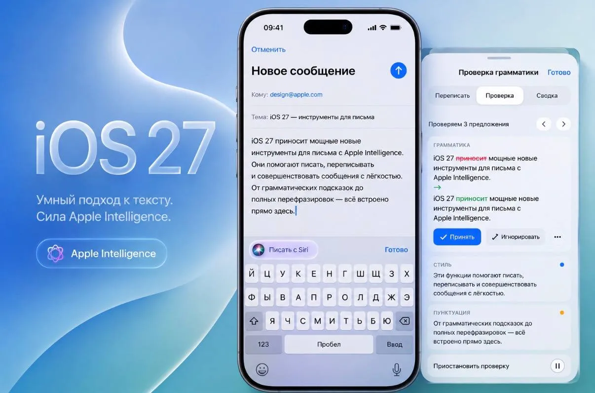 Apple Intelligence будет исправлять грамматические ошибки в iOS 27 В клавиатуре появится новая кнопка Написать с Siri а при вызове Siri в текстовом поле станет доступна опция Помочь с написанием Apple также тестирует собственный ИИ аналог Grammarly Система будет проверять не только орфографию но и грамматику предлагая исправления прямо во время набора текста в Сообщениях Почте и других приложениях   www iphones ru 1372621 новости iphonesru