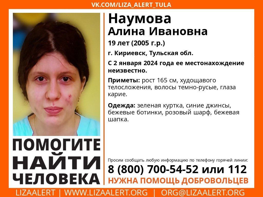 #Происшествия В Тульской области ищут 19-летнюю девушку  В Тульской области ищут 19-летнюю Наумову Алину Ивановну, как сообщает поисковый отряд «Лиза Алерт».  Тульские Известия