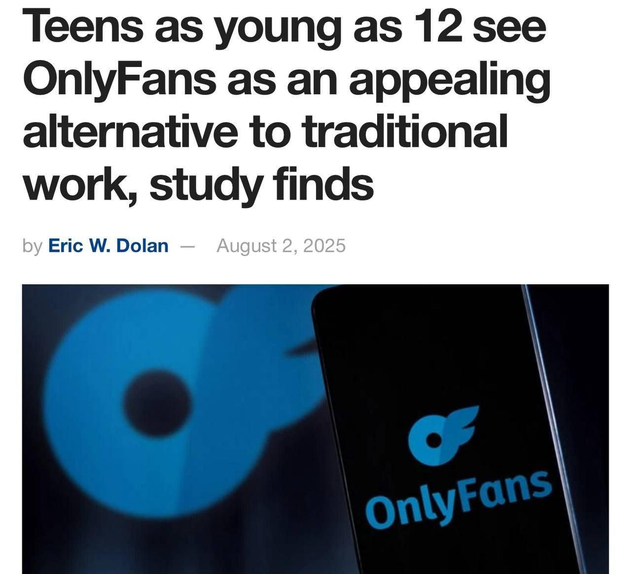 Школьники считают OnlyFans перспективной карьерой  Испанские подростки в опросе отвечали, что это вполне рационально. Инет и реклама на такие выводы тоже повлияли — молодежь призналась, что часто видит посты с историями успеха моделей и рекламой агентств  Правда, инфу, что большинство моделей лутают там 50 бачей в месяц, агентства как-то не жалуют    Успехов им в битве с ИИ-моделями, которые уже 24/7 пилят контент