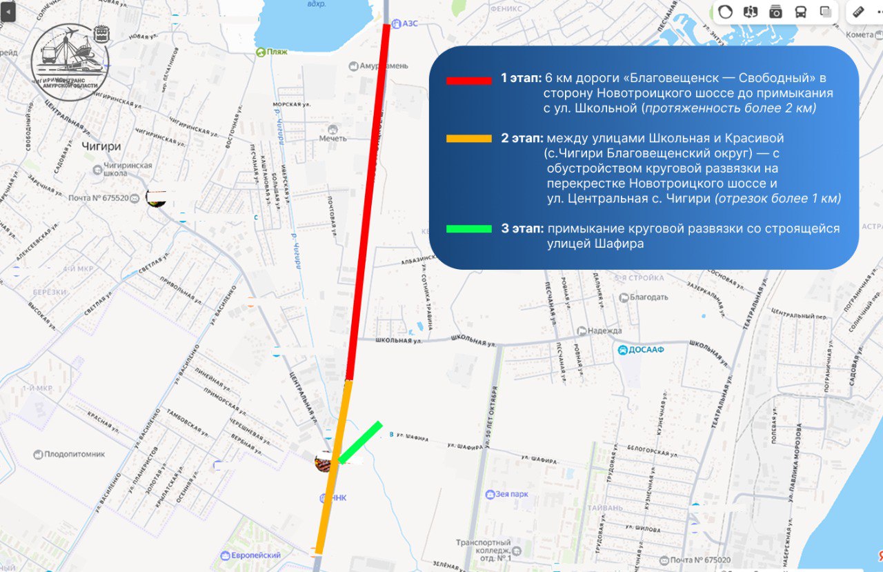 В Благовещенске планируют расширить Новотроицкое шоссе до четырех полос Объявлен конкурс по выбору подрядчика для разработки проекта реконструкции шоссе до региональной дороги Благовещенск Свободный Обновление рассчитывают провести в три этапа 1 Участок от 6 км трассы Благовещенск Свободный до примыкания с ул Школьной протяженность более 2 км 2 Между ул Школьная и Красивой с Чигири с обустройством круговой развязки на перекрестке Новотроицкого шоссе и ул Центральная отрезок протяженностью 1 км 3 Сделают примыкание круговой развязки со строящейся ул Шафира Приступить к дорожным работам рассчитывают летом 2027 года Амурский Минтранс в Телеграм МАХ