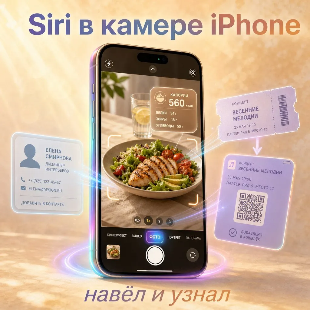 В камере на айфоне появится вкладка Siri Apple в iOS 27 добавит отдельный режим Siri прямо в приложение Камера рядом с привычными Фото и Видео По сути это перенос Visual Intelligence на видное место потому что сейчас функция спрятана за долгим нажатием на кнопку управления камерой и мало кто ей вообще пользуется При этом возможностей станет больше можно будет навести камеру на продукт и автоматически занести калории в Здоровье отсканировать визитку и сохранить контакт или оцифровать бумажный билет прямо в Wallet Покажут всё на WWDC 8 июня