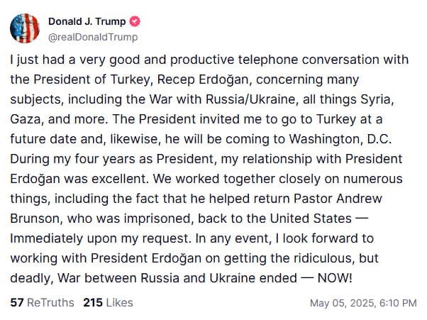 Дональд Трамп: Я с нетерпением жду совместной работы с президентом Эрдоганом над окончанием нелепого, но смертоносного конфликта между Россией и Украиной Читать далее