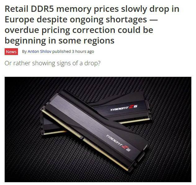 В Европе цены на DDR5 начали снижаться несмотря на острый дефицит памяти Осенью 32 ГБ DDR5 стоили в среднем 95 100 евро К январю февралю цены взлетели до 430 470 евро за комплект Сейчас наблюдается небольшая коррекция популярные наборы от Corsair и Kingston в Германии подешевели с 480 550 евро до 425 463 евро Это всё ещё безумно дорого для 2026 года но ниже февральских пиков В США ситуация похуже цены остаются выше хотя уже заметны слабые признаки отката Epic Games Store