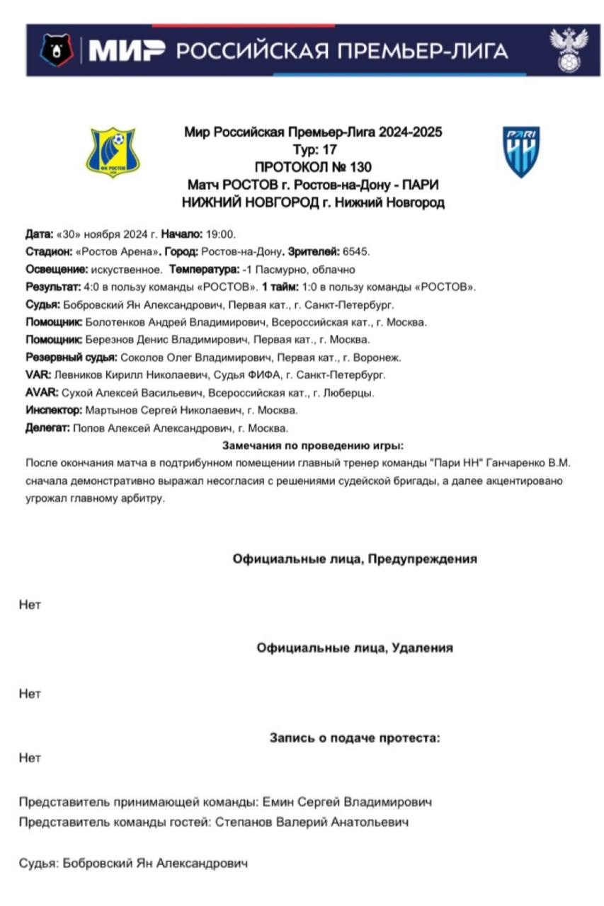 «Акцентированно угрожал арбитру». Слова Ганчаренко после матча занесли в протокол  Ян Бобровский указал, что тренер нижегородцев после завершения встречи выражал несогласие с действиями судей и угрожал ему.  При этом удаление Ганчаренко в протоколе не отмечено. ‍‍‍ #футбол‍‍‍‍‍‍‍‍‍‍‍‍‍‍‍‍‍