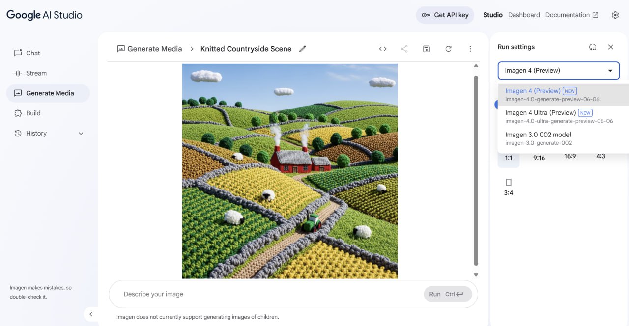 Генераторы картинок Google Imagen 4 и Imagen 4 Ultra теперь можно попробовать бесплатно в Google AI Studio. Модель создает фотореалистичные высоко детализированные изображения, а также генерирует текст на русском в разных стилях.