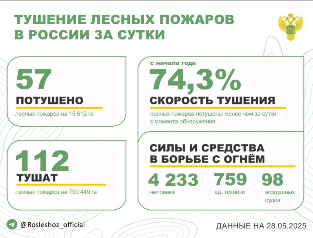 За прошедшие сутки в 23 регионах России потушили 57 лесных пожаров. Продолжается тушение 112 лесных пожаров в 10 субъектах РФ. Борьбу с огнем в лесах ведут: - 4 233 человека; - 759 ед. спецтехники; - 98 воздушных судов. Федеральный режим ЧС введен в Забайкальском крае. Региональный режим ЧС действует в Республике Бурятия. Режим ЧС действует в 1 м.о Красноярского края. Особый противопожарный режим установлен в 46 субъектах России. На период действия режима доступ в лес категорически запрещен. Помощь Забайкальскому краю в рамках мер экстренного реагирования оказывает 351 специалист Авиалесоохраны. В рамках межрегионального маневрирования помогают 665 работников Авиалесоохраны Республики Саха Якутия , Республики Коми, ХМАО-Югры, Иркутской области, Республики Карелия, Свердловской области, Омской области и Приморского края. В рамках выполнения взрывных работ привлечено 17 сотрудников Авиалесоохраны. Республике Бурятия в рамках мер экстренного реагирования помогают 12 специалистов Авиалесоохраны. Оперативность тушения - с начала года 74,3% всех лесных пожаров ликвидированы менее чем за сутки с момента обнаружения.