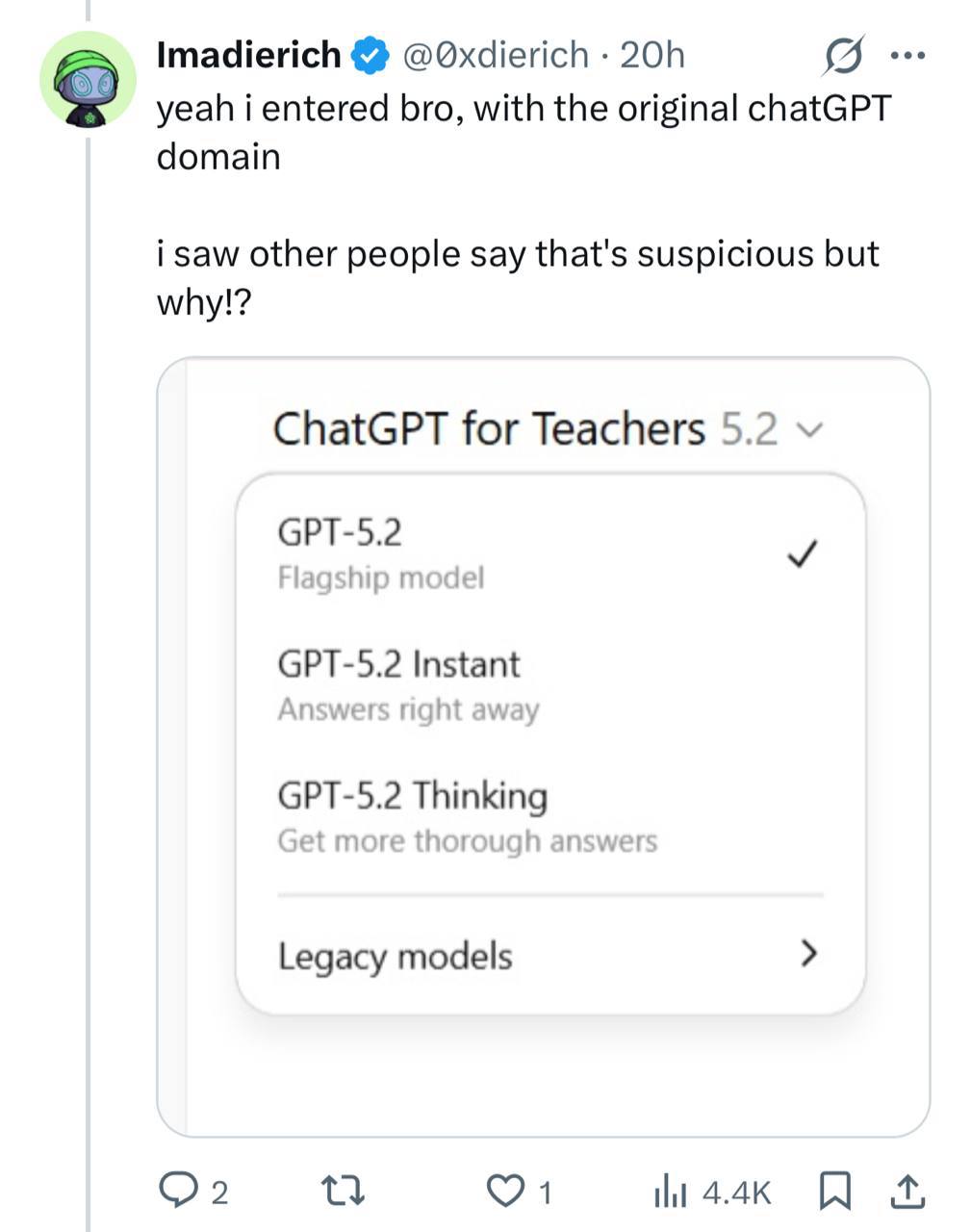 Годовая подписка на ChatGPT бесплатно В сети нашли простой способ как сэкономить 240 и получить доступ к топовым моделям Для этого строго следуем инструкции  Регистрируем новый почтовый ящик тут на домене erzi me  Регистрируем новый аккаунт в ChatGPT на новую почту  Получаем годовую подписку для учителей функционал которой близок к версии Plus  Такие аккаунты предназначены для учебных организаций поэтому передавать личную или конфиденциальную инфу не стоит КиберХаб БотGPT