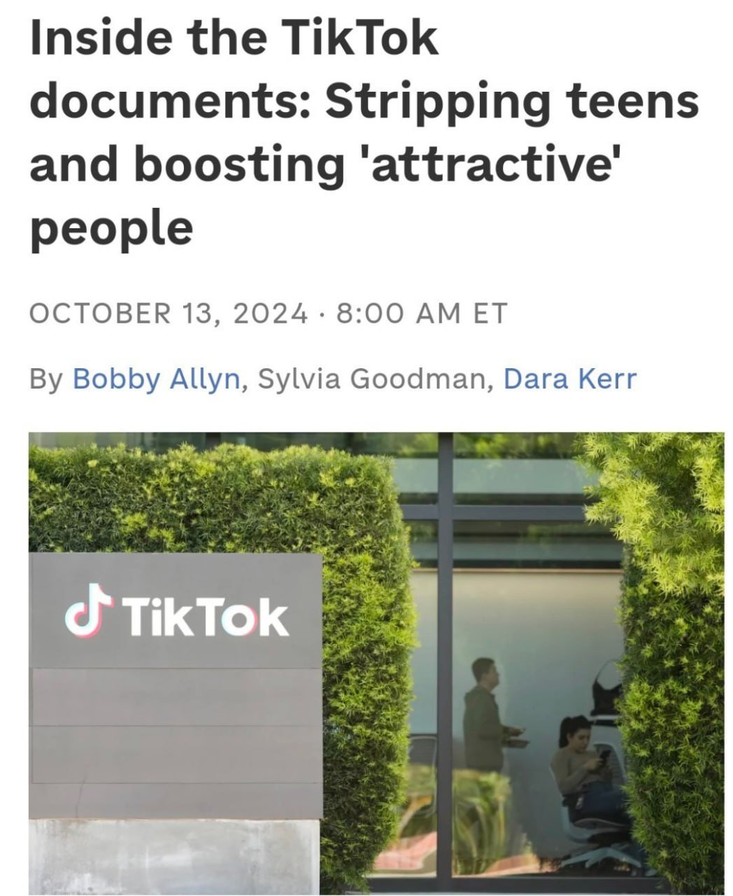 Сейчас в США идёт масштабный суд с TikTok. В ходе дела были рассекречены внутренние документы компании:   — TikTok прекрасно знал о массовом стриптизе несовершеннолетних стримеров на платформе за коины и подарки от "взрослых дядь". Особых попыток прекратить это не было предпринято. — Оказывается, чтобы подсадить практически любого на иглу бездумного просмотра контента, нужно всего лишь 260 видео или 35 минут пользования приложением. — TikTok не любит уродливых людей. Когда платформа заметила большое количество "авторов-уродов", были внесены изменения в алгоритмы, которые продвигают только красивых людей.  Темная сторона TikTok.