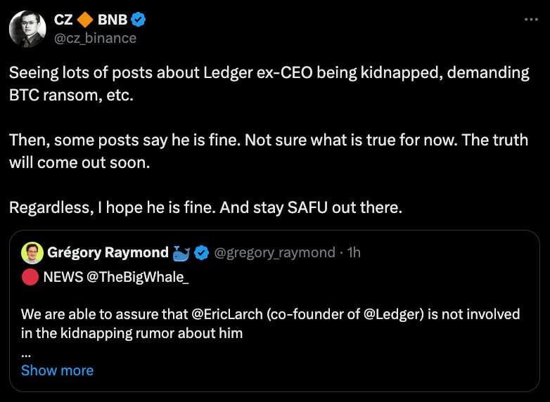 CZ объявил что в сети пошел слух о похищении основателя Ledger  Похитители требуют выплату в Bitcoin