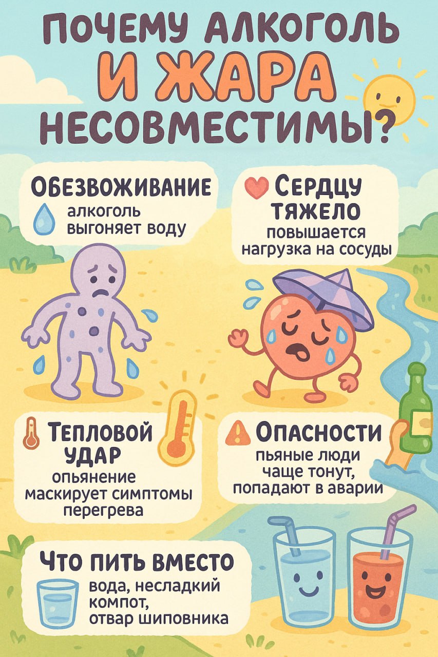 Кировский психиатр-нарколог Дмитрий Кулаков рассказал, почему алкоголь и жара несовместимы. — Многие считают, что охлажденные спиртные напитки — вино, пиво, коктейли, тоники — подходят для утоления жажды. Однако это глубокое заблуждение. Спиртосодержащие напитки обладают выраженным мочегонным эффектом. А учитывая, что в жару человек обильно и много потеет, то есть теряет много жидкости, очень велика вероятность наступления обезвоживания организма, — пояснил медик. Кроме того, этанол, содержащийся во всех спиртных напитках, способствует повышению артериального давления, что в свою очередь нарушает терморегуляцию организма. Алкоголь увеличивает нагрузку на сердце и сосуды, что в сочетании с повышением температуры увеличивает риск развития сердечно-сосудистых заболеваний, в частности инфарктов и инсультов. Наконец, пьяный человек не в полной мере контролирует себя, поэтому в несколько раз повышается риск травм и несчастных случаев. — В жару для утоления жажды лучше всего подойдет минеральная столовая вода. Она оптимально восполнит баланс соли и жидкости в организме. Также можно пить компоты без сахара, отвар шиповника и домашние лимонады, — отметил Дмитрий Кулаков. Помните, алкоголь и жара несовместимы! Кировская область