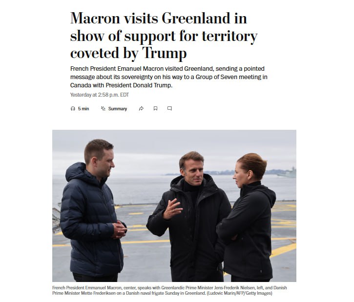 О чем пишут зарубежные СМИ Угроза Трампа в отношении Ирана Times: Президент пригрозил прямыми военными действиями против Ирана. C одной стороны, на Трампа оказывается давление внутри страны ради атаки ядерного объекта в Фордо, с другой стороны, американский лидер все еще верит в возможность посредничества. New York Times: На данный момент Вашингтон, похоже, не предпринимает ничего, чтобы заставить обе стороны прекратить насилие и снова начать переговоры. Corriere della Sera: Есть ли на самом деле возможность для переговоров? Не похоже, если послушать, что сказал Биньямин Нетаньяху в прошлую субботу. Саммит лидеров стран G7 New York Times: Канада расстилает красную ковровую дорожку для ряда крупнейших мировых держав и их союзников на фоне опасного обострения ситуации на Ближнем Востоке и перестройки глобальных альянсов Трампом. Guardian: От Трампа захотят получить ответ на вопрос, будет ли он использовать свое влияние на Нетаньяху, чтобы призвать к прекращению огня, или вместо этого позволит войне идти своим чередом. Telegraph: Меньше пленарных заседаний и больше встреч один на один на фоне того, как мировые лидеры приспосабливаются к возвращению непредсказуемого президента США. Визит Макрона в Гренландию Times: Макрон посетил фрегат ВМС Дании, чтобы подчеркнуть свою приверженность защите территории, а также осуществил визит на гидроэлектростанцию и ледник, пострадавший от глобального потепления. Guardian: Макрон раскритиковал угрозы Дональда Трампа захватить Гренландию. Washington Post: Визит Макрона стал наглядной демонстрацией европейской поддержки Гренландии перед лицом уговоров и угроз со стороны администрации Трампа.
