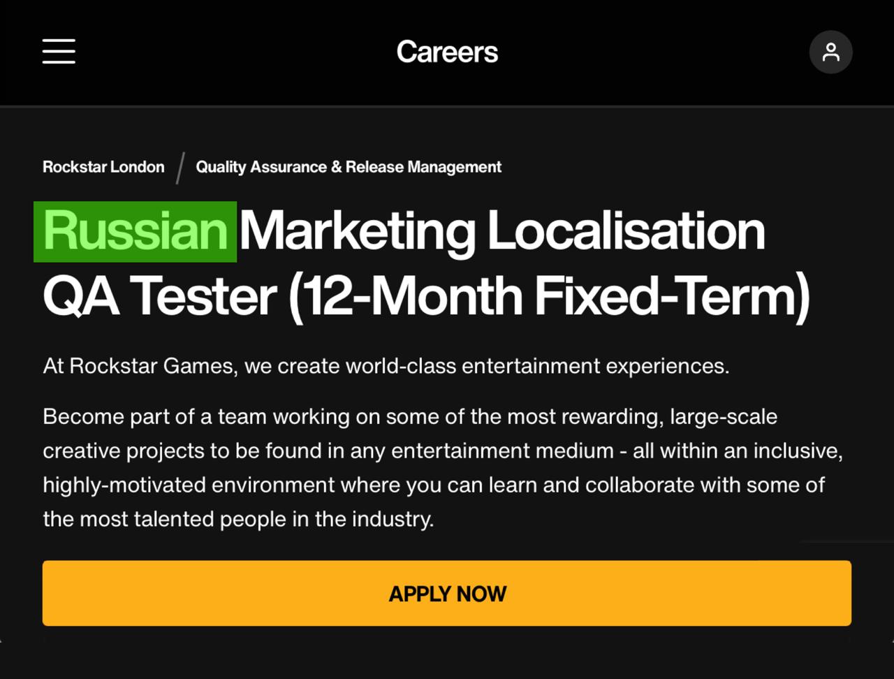 Rockstar ищут человека со знанием русского для рекламных кампаний — может, будет шанс поиграть в GTA VI до релиза. Задачи: проверять переводы, следить за шрифтами, версткой, макетами и за качеством финальной версии. Работа на 12 месяцев с переездом в Лондон.