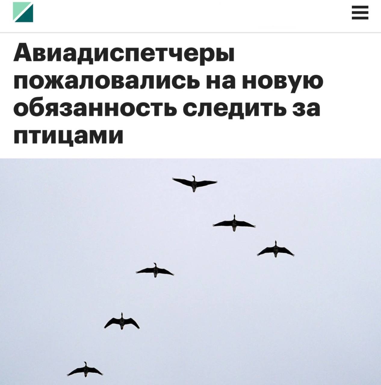 «Авиадиспетчеры пожаловались на новую обязанность следить за птицами»: С начала осени диспетчеры обязаны выгонять птиц с аэродромов.   «Новые правила борьбы с опасностью, создаваемой объектами животного мира на аэродромах гражданской авиации. Авиадиспетчеры обязаны вести «визуальное наблюдение за птицами во время взлета и посадки воздушных судов». Однако профсоюз считает, что это противоречит основным обязанностям сотрудников. Диспетчер, вынужденный контролировать перелеты птиц при выполнении воздушными судами взлета и посадки, фактически отвлекается от своей главной обязанности — визуально контролировать взлетающие воздушные суда и занятость взлетно-посадочной полосы»