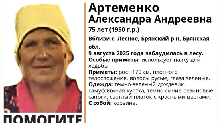 В лесу под Брянском пропала 75-летняя Александра Артеменко     Пенсионерку ищут уже сутки. ƃℾ   подписаться  прислать новость