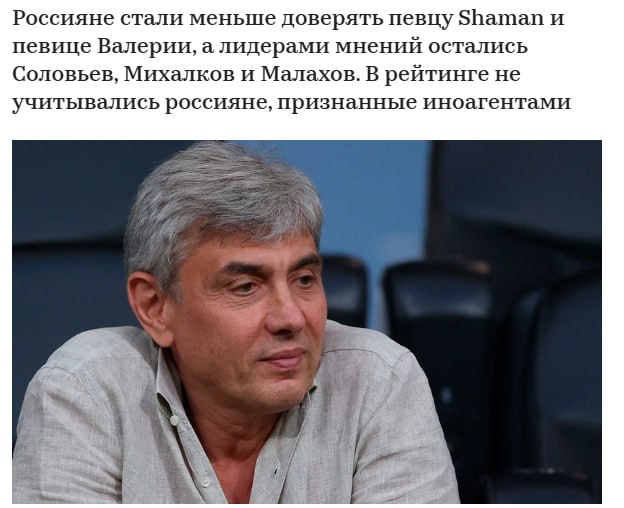 Бизнесмен Сергей Галицкий обогнал основателя Telegram Павла Дурова в рейтинге лидеров мнений которым доверяют россияне составленном Ромиром Галицкий находится на 62 м месте а Дуров на 80 м Пятерка лидеров рейтинга с лета не изменилась они расположились в таком порядке тележурналист Владимир Соловьев кинорежиссер Никита Михалков телеведущий Андрей Малахов актер Константин Хабенский шоумен Павел Воля Значительнее остальных позиции утратили Алла Перфилова Валерия потерявшая 35 позиций и опустившаяся до 75 строчки актриса Юлия Меньшова снизившаяся на 36 позиций до 74 места телеведущая Ксения Бородина минус 21 позиция 42 место журналист Артем Шейнин минус 27 позиций 51 место певец Ярослав Дронов SHAMAN минус 15 позиций до 29 места артист балета Николай Цискаридзе минус 17 строчек до 37 места jkinvest news jkinvest