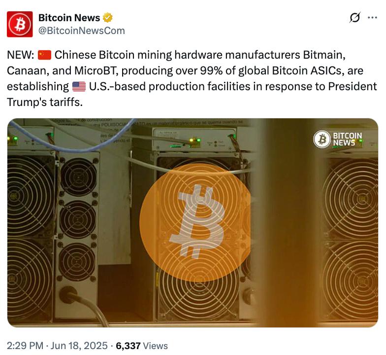 → Хешрейт мигрирует Bitmain, Canaan и MicroBT — три кита китайского ASIC-прома, производящие 99% биткоин-майнеров в мире — переносят часть производства в США. Причина? Ответка на тарифы Трампа.