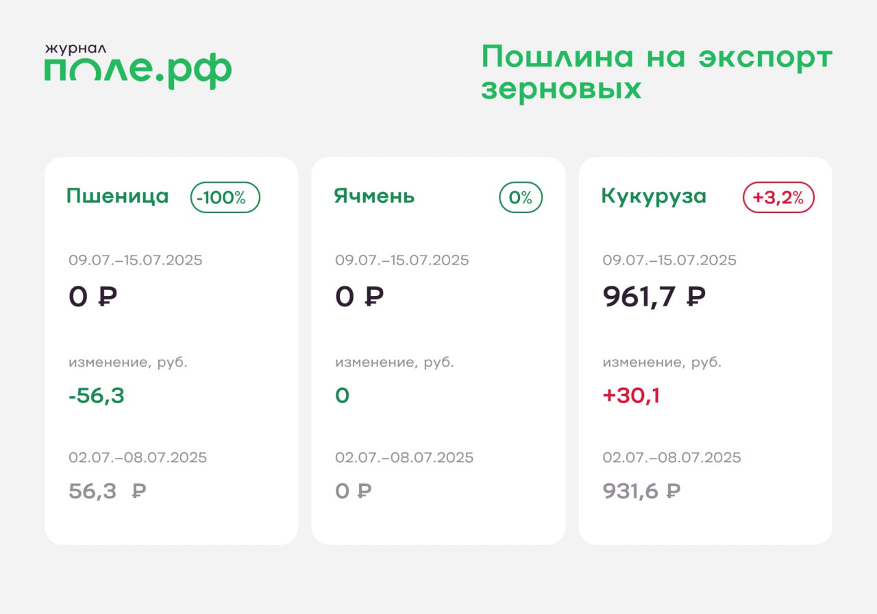 Экспортная пошлина на пшеницу впервые станет нулевой с момента ее введения в 2021 году. Новые ставки экспортных пошлин установлены с 9 по 15 июля 2025 года. На кукурузу пошлина немного подрастет. Подробнее.