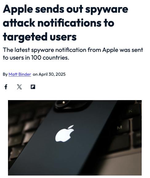 iPhone под угрозой — предупреждение от Apple о глобальной атаке Компания официально заявила о масштабной атаке шпионского программного обеспечения, которое проявило себя уже в более чем 100 странах. Какими возможностями обладают злоумышленники? Они могут получить доступ к камере, микрофону и читать ваши сообщения — и всё это без вашего ведома. Если вы получили предупреждение, действуйте незамедлительно: — Обновите устройство до iOS 18.4.1 — Включите новый Lockdown Mode, который представляет собой специальный режим защиты iPhone от сложных хакерских атак, ограничивая доступ к функциям и повышая безопасность данных.