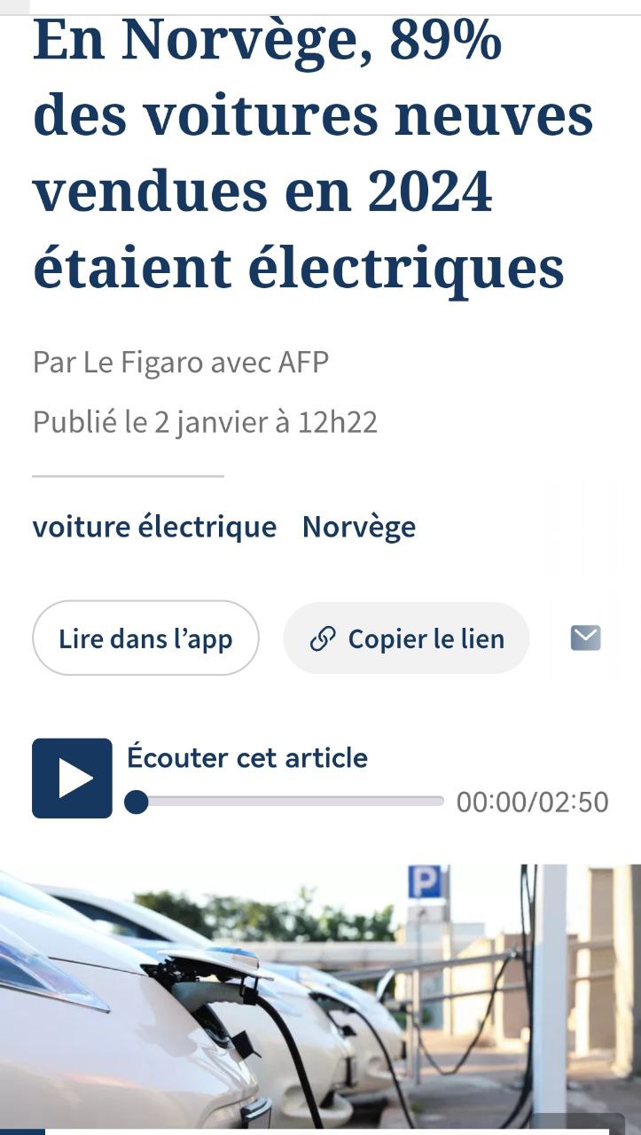 В Норвегии 89% новых автомашин, проданных в 2024 году, были электромобилями.   По данным норвежского Совета по информации о дорожном движении, из 128 691 зарегистрированных автомобилей, 114 400 были электромобилями - сообщает Le Figaro