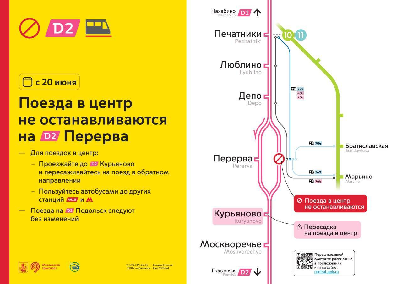С 20 июня поезда, следующие в центр, временно не будут останавливаться на Перерве из-за строительных работ. На месте устаревшей станции Перерва D2 сейчас создают современный городской вокзал — для этого одна из платформ будет перекрыта. Инструкции с доступными маршрутами Дептранс разместит на ближайших к Перерве станциях. МСК 360 Сотрудничество