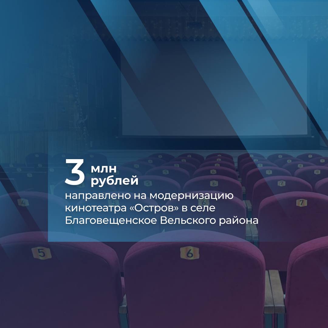 В селе Благовещенское Вельского округа на базе сельского Дома культуры открылся модернизированный кинотеатр Остров Этот проект удалось реализовать благодаря победе в конкурсе Фонда кино в рамках федеральной программы по созданию и модернизации кинозалов в малых населенных пунктах В ходе реконструкции зала были заменены кресла для зрителей смонтировано новое кинопроекционное и звуковое оборудование позволяющее демонстрировать фильмы в высоком качестве Обновленный кинотеатр подключен к единой цифровой платформе предоставляющей доступ к лицензионной библиотеке российских фильмов мультфильмов и просветительских программ Киноленты для просмотра будут подбираться с учетом зрительских предпочтений Интерес к новому кинозалу со стороны жителей был высоким еще на этапе подготовки проекта Сейчас составляется расписание работы кинотеатра в которое также будет включено проведение тематических мероприятий и специальные показы для разных возрастных групп В скором времени кинозалы также откроются в Онеге и поселке Урдома Ленского округа