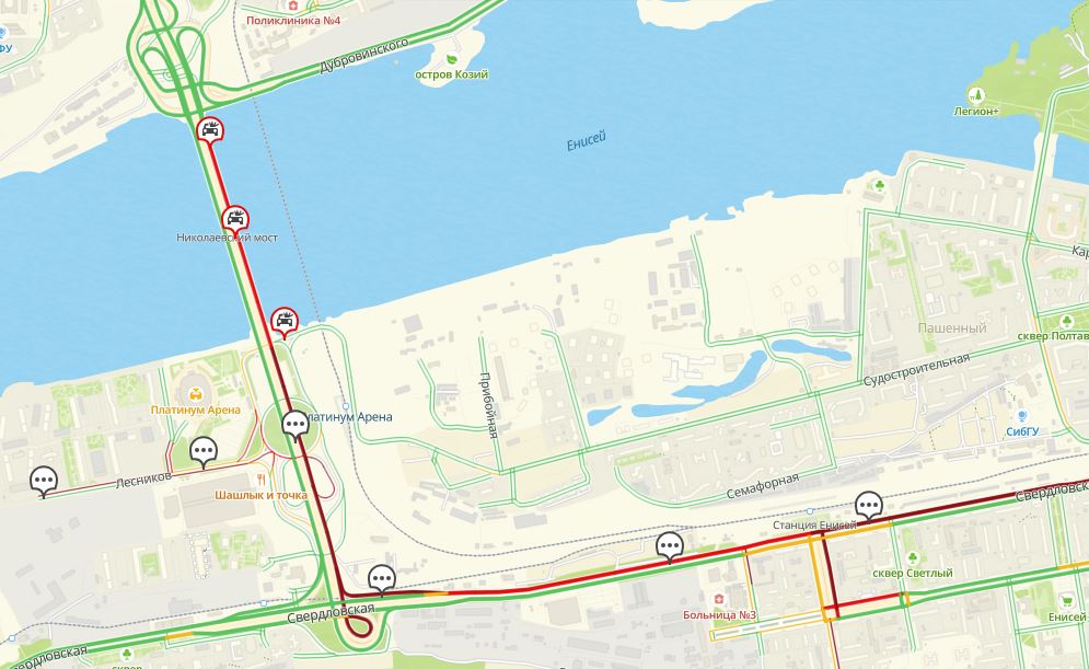 Красноярцы встали в огромную пробку из-за аварии на Николаевском мосту   Бордовым отмечено направление с правого берега в сторону левого. Очевидцы говорят, что там произошло сразу несколько ДТП, а в «ЧП Красноярск» пишут, что виной всему — скользкая дорога.   Стоят также улицы Свердловская и Лесников. Автомобилисты жалуются, что из-за затора не могут даже выехать со дворов своих домов и предлагают соседям по несчастью скидываться на вертолет.   В целом дорожная ситуация в городе стандартная — небольшие заторы на Высотной, Маерчака, 2-ой Брянской, Шахтёров, Партизана Железняка, Матросова, Красрабе. Ситуация с пробками оценивается в 6 баллов.   Скриншот: 2ГИС