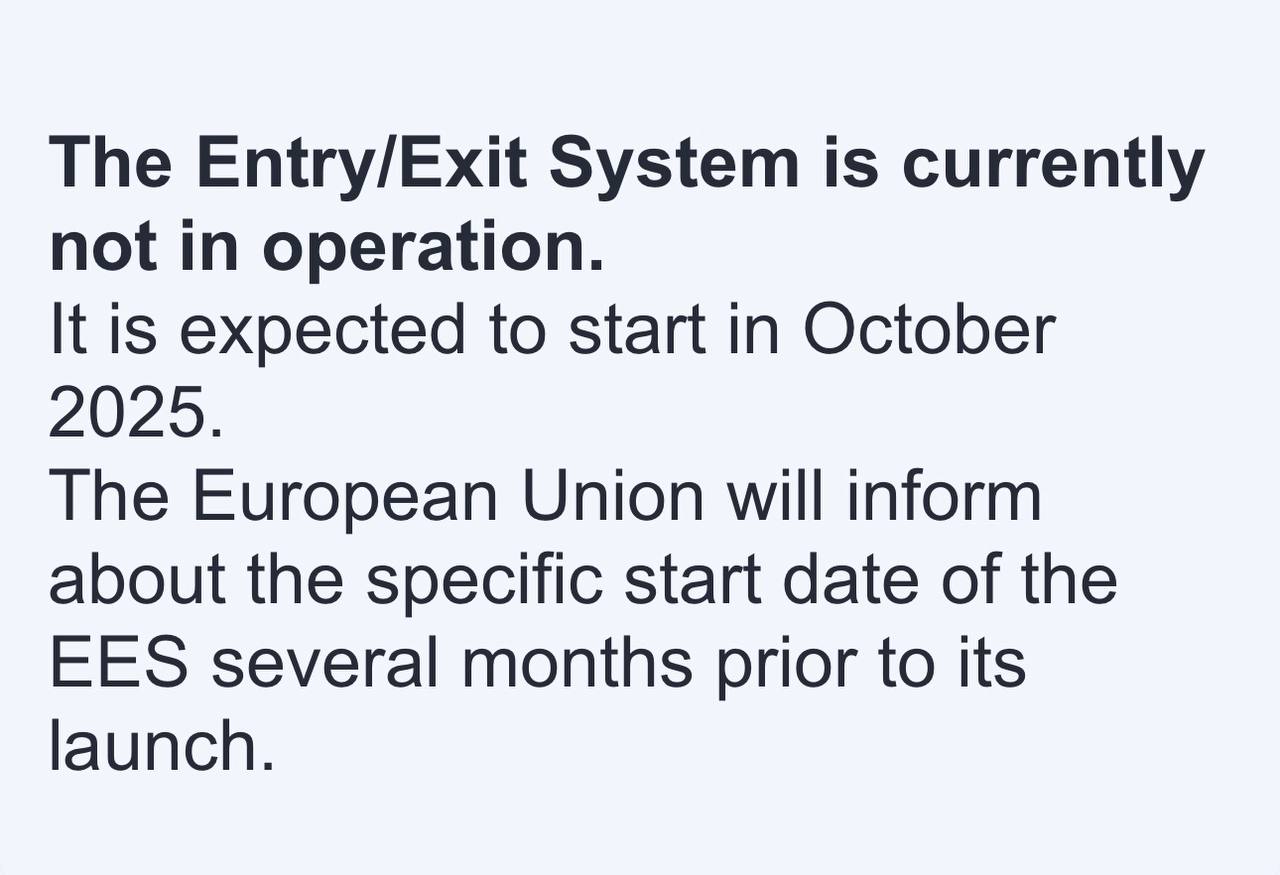 Новая цифровая пограничная система Entry/Exit начнет работу в октябре 2025 года. Европейский союз сообщит о конкретной дате начала работы ЕЭС за несколько месяцев до ее запуска. Источник: СМИ ЕС Оформить визу