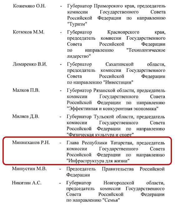 Владимир Путин своим распоряжением утвердил состав президиума Государственного совета РФ  В него войдут 26 человек, в том числе Раис Татарстана Рустам Минниханов.