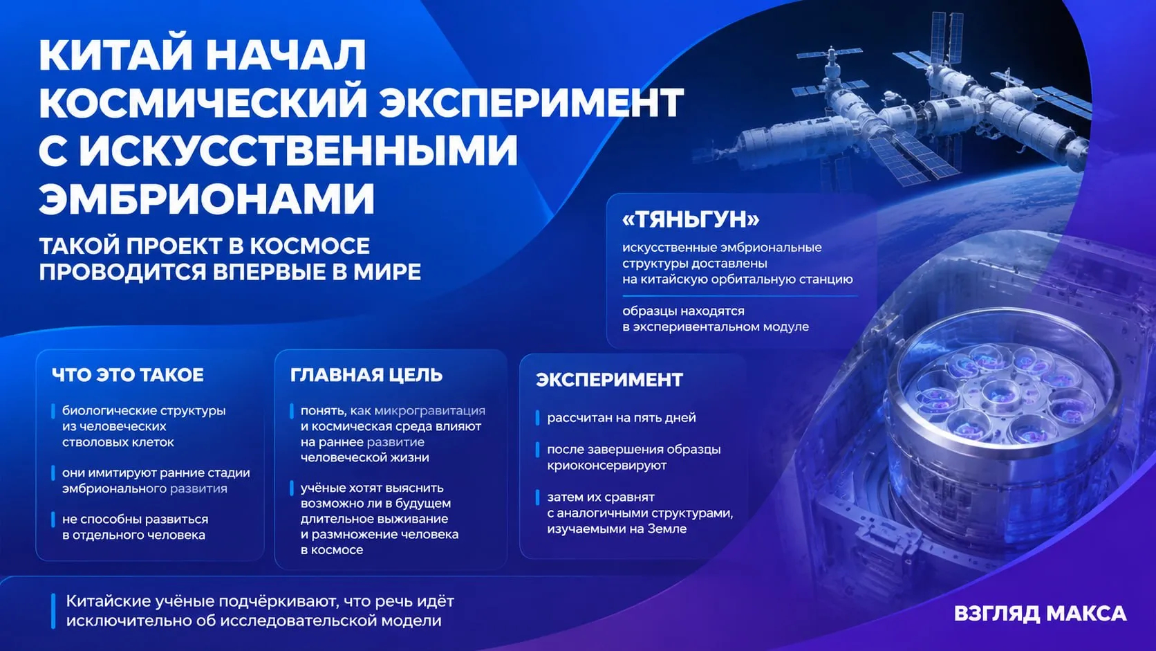 Китай стал первой страной в мире начавшей космический эксперимент с искусственными эмбрионами человека Речь идёт не о настоящем эмбрионе а о биологической структуре из человеческих стволовых клеток которая имитирует ранние стадии эмбрионального развития и не может развиться в отдельную личность Образцы доставили на китайскую орбитальную станцию Тяньгун в рамках миссии грузового корабля Тяньчжоу 10 Аппарат был успешно запущен 11 мая и в тот же день состыковался со станцией Сейчас искусственные эмбрионы находятся в экспериментальном модуле сам эксперимент по данным китайской стороны проходит успешно Главная цель исследования понять как микрогравитация и космическая среда влияют на самые ранние этапы развития человеческой жизни Учёные хотят выяснить какие факторы могут мешать нормальному развитию эмбриональных структур в условиях невесомости и повышенного радиационного фона Руководитель проекта Юй Лэцянь профессор Института зоологии Китайской академии наук и сотрудник Государственной ключевой лаборатории стволовых клеток и репродуктивной биологии пояснил что речь идёт о первых шагах к пониманию того возможно ли в будущем долгосрочное выживание и размножение человека за пределами Земли Это наша первая попытка ответить на вопросы могут ли люди выжить и размножаться в космосе Я надеюсь что ответ будет положительным сказал он По словам Юй Лэцяня если учёные поймут как отсутствие гравитации воздействует на раннее развитие в будущем можно будет разрабатывать технологии которые смягчат негативные последствия космической среды для живого организма Эксперимент на орбите рассчитан на пять дней После его завершения искусственные эмбрионы будут криоконсервированы Затем исследователи сравнят образцы находившиеся в космосе с идентичными биологическими структурами которые параллельно изучаются в лабораториях на Земле Учёные рассчитывают что такое сравнение поможет определить какие именно условия космоса влияют на раннее эмбриональное развитие человека В Китае подчёркивают что эти образцы используются только как исследовательская модель Они не являются полноценными человеческими эмбрионами и не способны развиться в отдельного человека Их задача дать учёным материал для изучения фундаментальных вопросов связанных с будущим длительным пребыванием человека в космосе Читай в Max Читай в Telegram Смотри на RUTUBE
