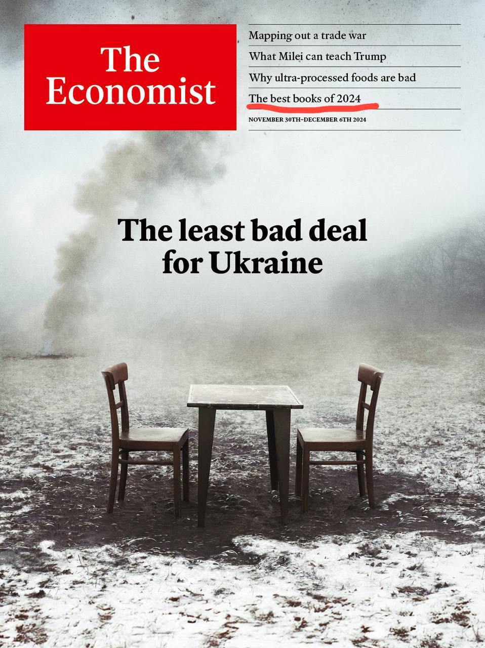 Свежий Economist требует «наименее невыгодной сделки» для Украины  Предлагая в качестве важнейшего условия для таковой гарантии безопасности хохлам, в первую очередь вступление в НАТО  Ну и попутно угрожая Трампу и Германии - интересы Украины должны быть для них превыше собственных, а то…  В обсчем, совсем оторванно  от реальности  Обложка хорошая, это да  Но я б с куда большим интересом посмотрела, какие книжки они там считают лучшими в 24-ом   Вдруг детективчик какой позабористее есть  Будь в центре событий!