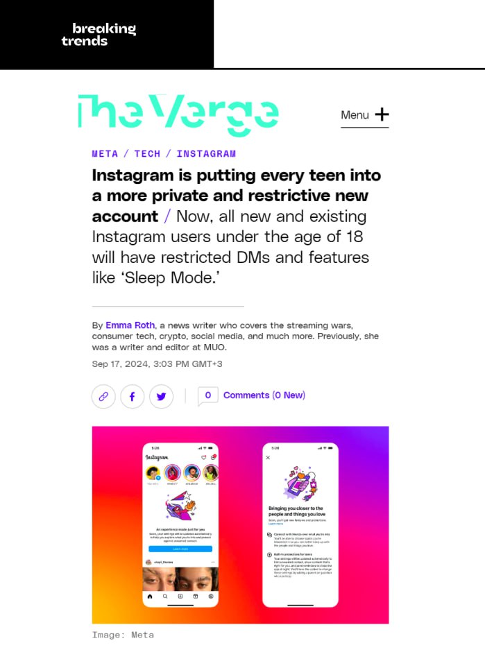 Instagram  с сегодняшнего дня будет записывать всех пользователей, которые укажут в профиле возраст младше 18 лет, в «Учетные записи подростков».  Теперь аккаунты подростков будут закрыты по умолчанию, а также им будет запрещено писать, если вы не подписаны на их аккаунт. Кроме того, с 22:00 до 7:00 Instagram  будет переходить в режим сна, отключая уведомления. Кроме того, подростки смогут выбирать темы публикаций, которые будут им рекомендоваться, например, спорт, животные, путешествия и т.д.  Новая мера должна защитить подростков в социальных сетях.    Breaking Trends   принадлежит Meta, деятельность которой признана в России экстремистской и запрещена.