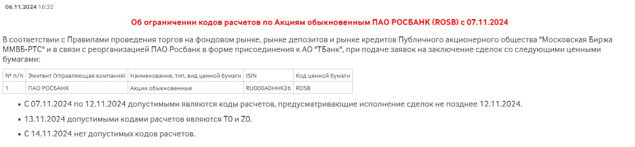 Московская биржа с 14 ноября 2024 года приостановит торги обыкновенными акциями Росбанка, предупредила торговая площадка. Это решение связано с реорганизацией Росбанка.  До этого ТКС Холдинг выставлял оферту на выкуп акций у миноритариев Росбанка по цене 129,40 рубля за одну акцию.   Акций в портфеле быть не должно.   #ROSB