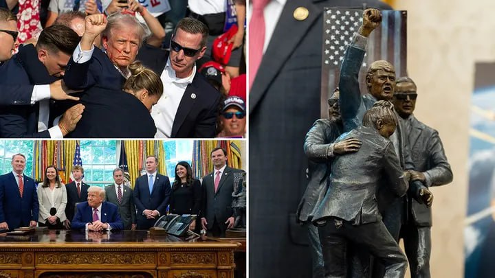 Статуэтка, повторяющая фото Трампа после неудачного покушения на него прошлым летом, появилась в Овальном кабинете, передает Fox News