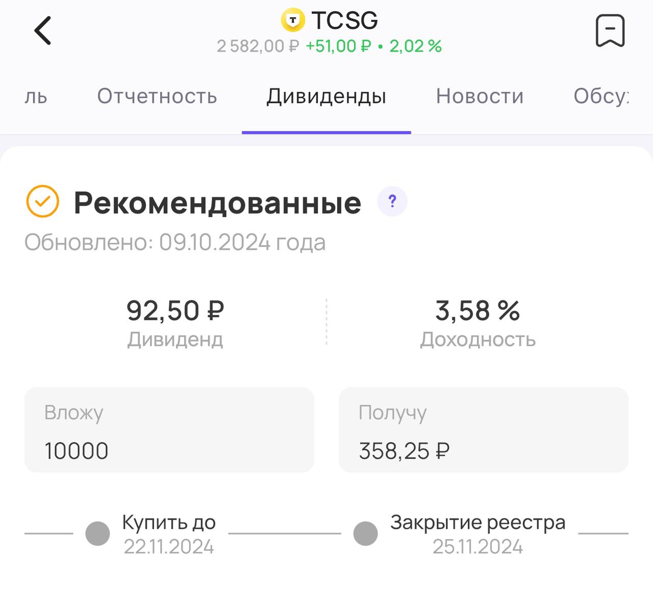Т-банк объявляет дивиденды   Совет директоров МКПАО «ТКС Холдинг»  #TCSG  объявляет дивиденды за 9 месяцев текущего года  Размер дивиденда — 92,5₽ на акцию. Доходность 3,6%   Последний день для покупки акций для получения дивидендов — 22 ноября   Инвесторы рады этой новости, акции растут на 2%