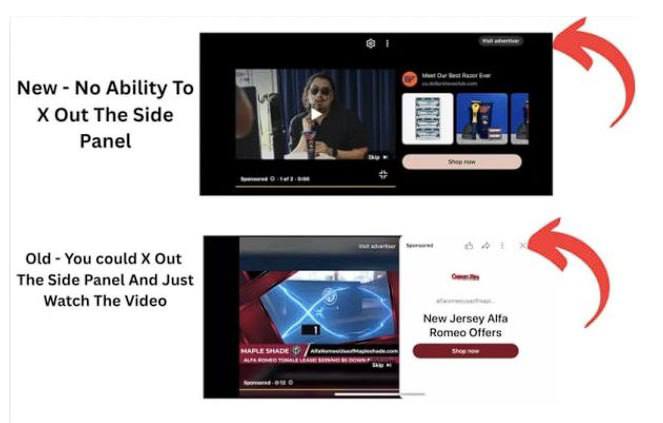 На YouTube появился новый формат непропускаемой рекламы Google в очередной раз изменила формат рекламы на YouTube на этот раз под раздачу попали пользователи мобильного приложения Навязчивые объявления теперь вынуждают владельцев мобильных устройств просматривать себя без возможности пропуска Во время просмотра видео рекламные материалы могут дополняться спонсорской ссылкой на товар или сайт которую приложение показывает на правой половине дисплея Раньше над такими блоками размещалась иконка пропуска рекламы для быстрого возврата к исходному видеоматериалу Теперь же у части пользователей она исчезла Поэтому даже при пропуске основного спонсорского ролика ссылка на правой половине экрана никуда не денется до окончания таймера Другими словами без подписки Premium владельцу смартфона придётся не только смотреть спонсорский ролик в левой части экрана но и принудительно наблюдать превью продвигаемой ссылки в правой В YouTube пока не комментировали это нововведение