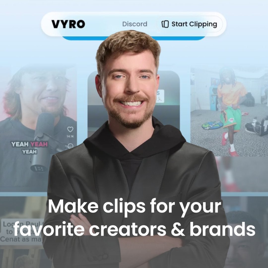 MrBeast запускает платформу для монетизации нарезок Vyro Джимми предложил зрителям зарабатывать на клипах из видео блогеров и стримеров платить за популярные ролики будут сами авторы Первое предложение поступило от самого MrBeast 3 000 243 000 за миллион просмотров публиковать можно в YouTube TikTok и Instagram Принадлежит запрещённой в РФ Meta MediaComputers