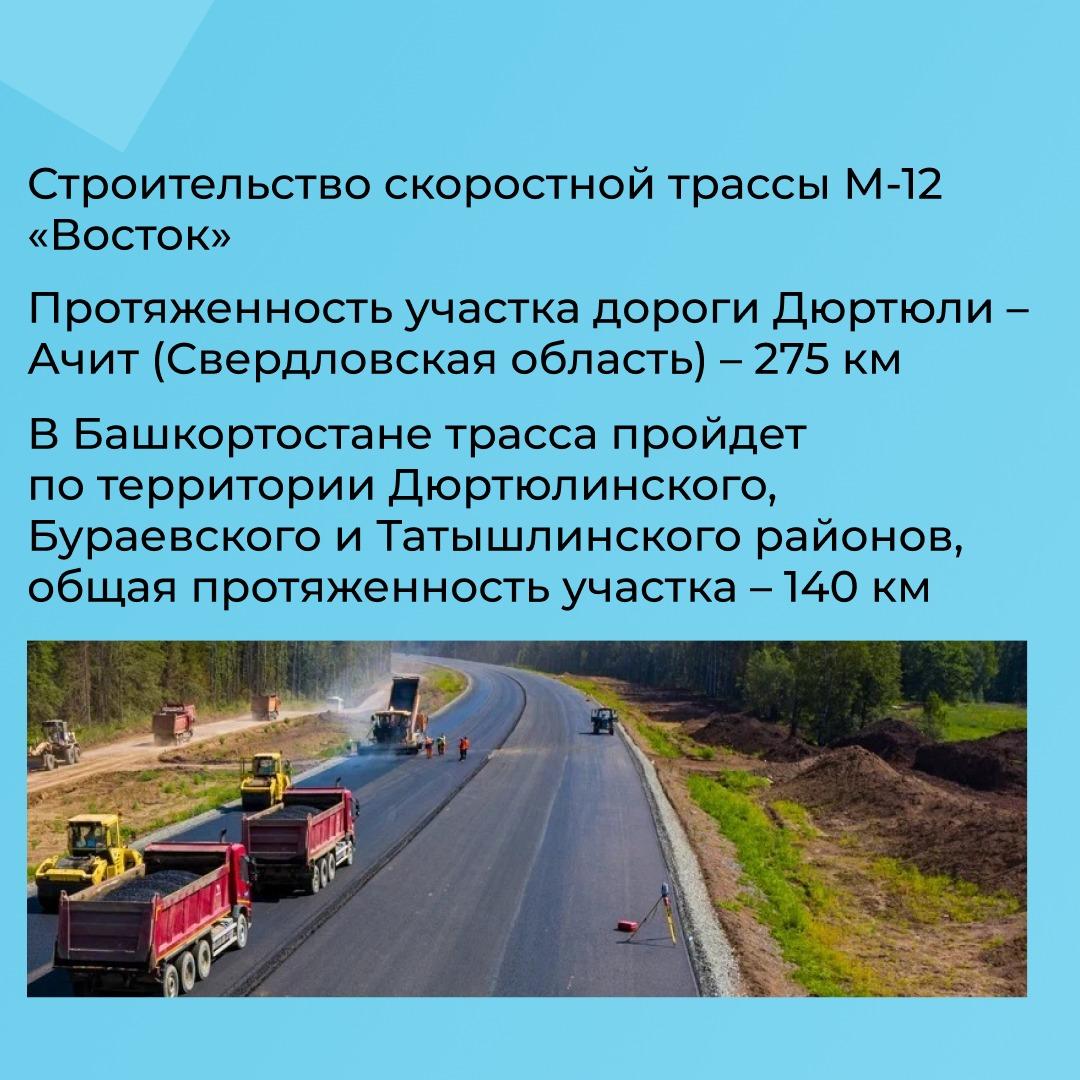 Продолжается строительство скоростной трассы М-12 «Восток» до Екатеринбурга. От города Дюртюли до поселка городского типа Ачит все работы разделили на три этапа, на первом из них уже многое сделали.    На участке дороги, который проходит в границах Республики Башкортостан, уложили более 1 млн тонн асфальтобетона.   По словам заместителя председателя правительства России Марата Хуснуллина, новая дорога призвана стать драйвером развития экономики территорий, находящихся в зоне её притяжения, и тем самым улучшить качество и уровень жизни россиян.   При строительстве трассы дорожники используют новую технологию водоотводящей системы, которая позволит в итоге сократить сроки строительства в два раза.  #минтрансрб #М12Восток