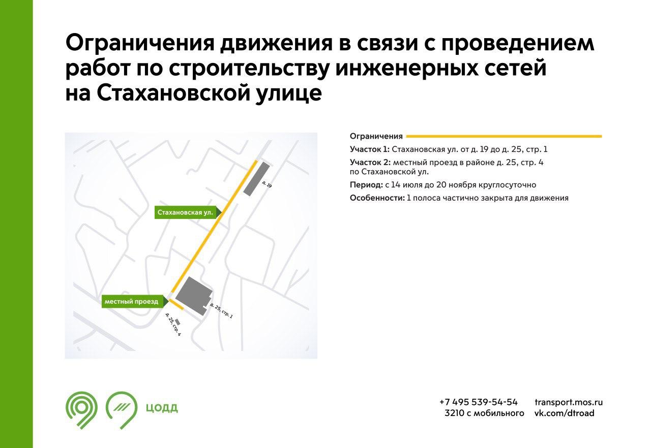 С 14 июля до 20 ноября на участке Стахановской улицы будет недоступна для движения 1 полоса. Это связано с проведением работ по строительству инженерных сетей. Подробнее – на инфографике