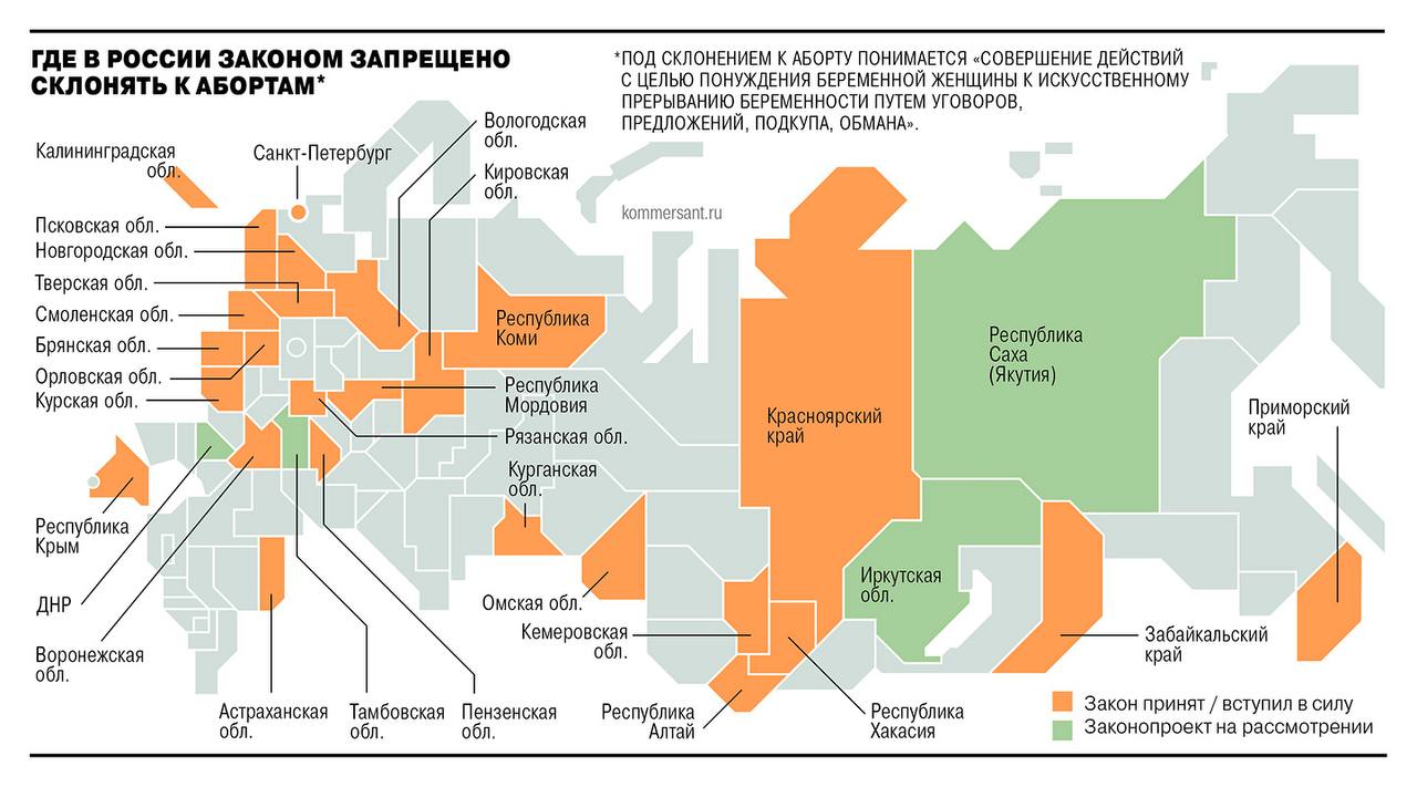 Подмосковный парламент в ближайшее время рассмотрит законопроект о запрете склонения к абортам на территории области Под склонением законодатели понимают действия направленные на то чтобы вызвать у женщины желание или решимость прервать беременность уговоры подкуп и обман а также распространение ложной информации о безопасности аборта и отрицание ценности семьи материнства и брака Опрошенные Ъ врачи считают что медикам соблюдающим профессиональные и этические нормы волноваться не нужно Однако юрист предупреждает что законопроект основан на оценочных формулировках и это может привести к злоупотреблениям В ряде субъектов России ранее приняли схожие законы Не все из них предусматривают наказания но в некоторых введены штрафы за склонение к аборту Подписывайтесь на Ъ в Telegram в MAX Оставляйте бусты