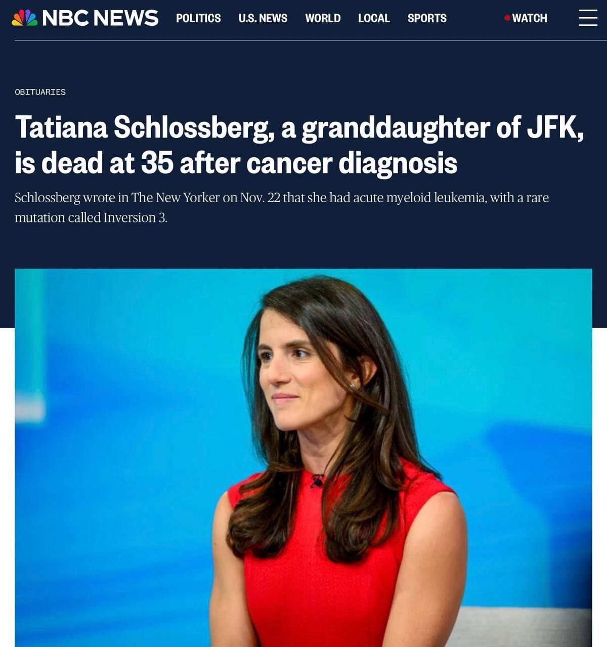Умерла внучка Джона Кеннеди Татьяна Селия Кеннеди Шлоссберг NBC News Ей было 35 лет По данным телеканала Шлоссберг болела острым миелоидным лейкозом с редкой мутацией НАШИ РЕСУРСЫ Telegram Tik tok YouTube RUTUBE