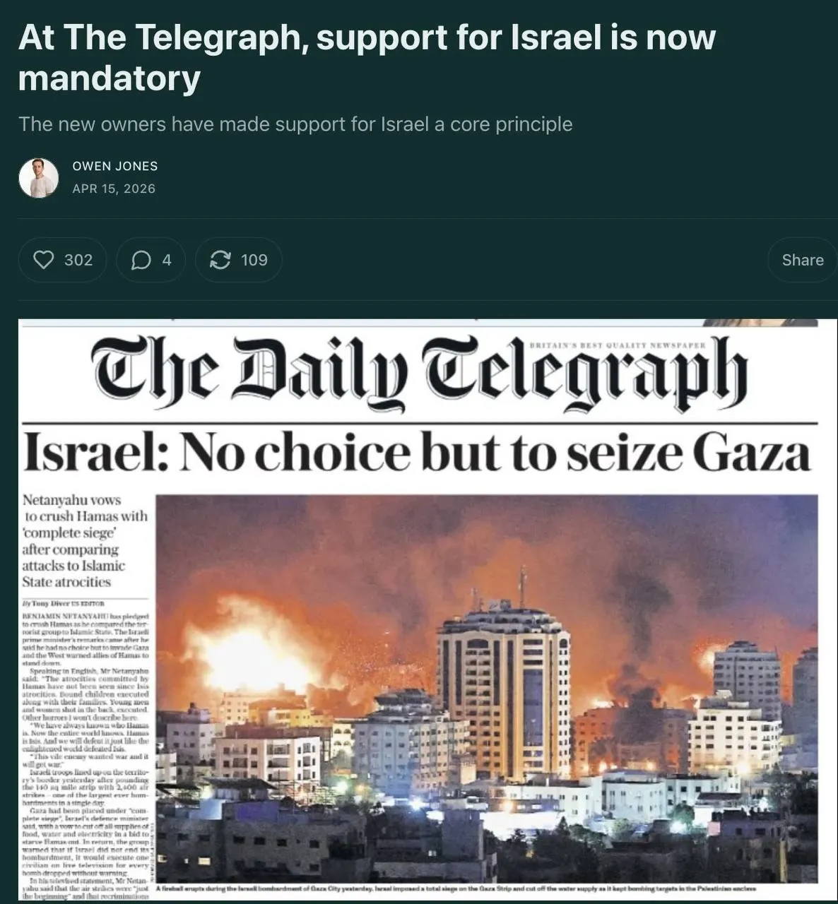 Немецкая медиагруппа Axel Springer которая приобретает английскую газету The Daily Telegraph изложила обязательные основные ценности для сотрудников К ним относится поддержка Израиля Вот несколько цитат из его письма сотрудникам Нейтральной журналистики не существует Мы поддерживаем Израиль Каждого сотрудника Axel Springer при устройстве на работу заставляют подписать документ в поддержку Израиля Владелец крупнейшего в Европе немецкого издательства Axel Springer Bild Welt Business Insider Politico Europe Telegraph Маттиас Допфнер называет себя нееврейским сионистом и требует от Евросоюза немедленно вступить в войну с Ираном