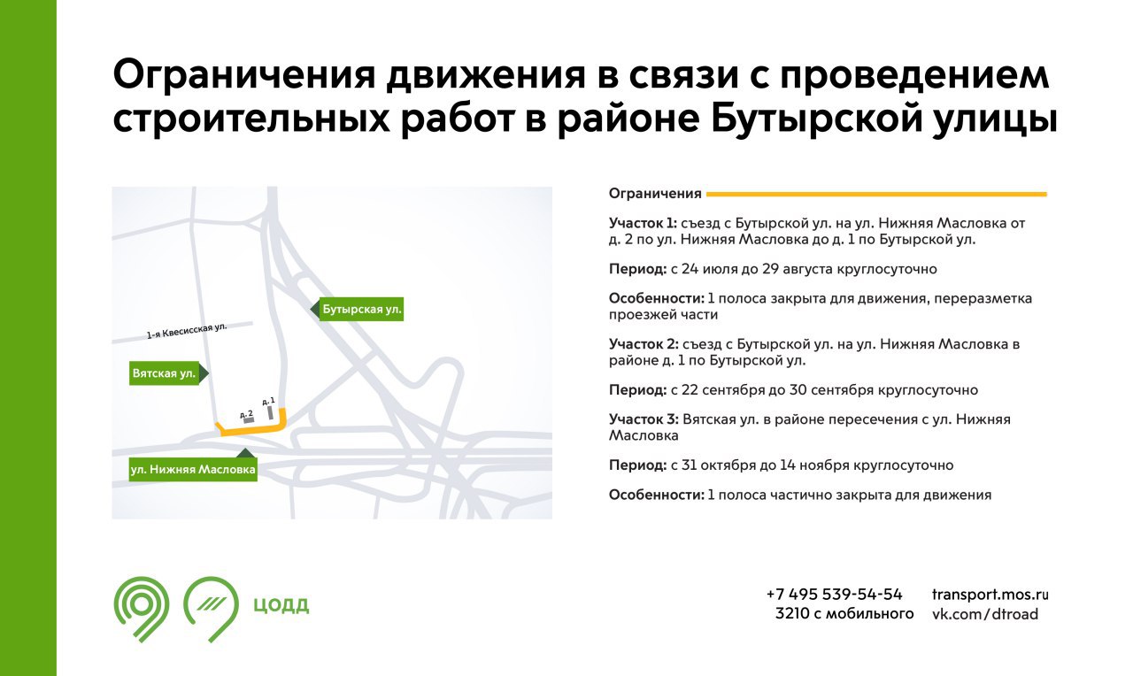 В период с 24 июля до 14 ноября на участках съезда с Бутырской улицы на улицу Нижняя Масловка и Вятской улицы будет недоступна для движения 1 полоса. Это связано с проведением строительных работ.   Подробнее – на инфографике