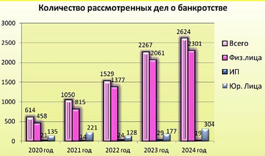 В 2024 году в Арбитражном суде Амурской области сохранилась тенденция устойчивого увеличения количества рассматриваемых дел о несостоятельности  банкротстве . Ее наблюдают с 2015 года. По сравнению с 2023 годом число поступивших заявлений увеличилось на 24,81 %.  Как сообщили в Арбитражном суде Амурской области, стремительный рост числа дел по банкротству граждан продолжается. В 2024 году в суд поступило 3 465 таких заявлений – на 36,9 % больше аналогичного периода 2023 года  2 531 заявление .  За анализируемый период судом рассмотрено 2 624 дела о несостоятельности  банкротстве , что на 15,75 % превышает аналогичный показатель прошлого года – в 2023-м было рассмотрено 2 267 дел.