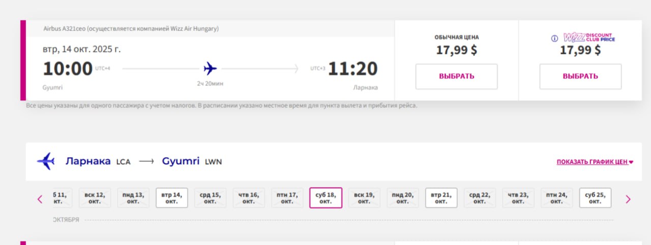 Новое направление у Wizz Air Гюмри Ларнака Когда с 30 сентября На чём Airbus A321ceo Расписание вт сб В одну сторону от 18 Туда обратно от 36 Билеты есть только пока на сайте авиакомпании wizzair com Начиная с 30 октября расписание изменится летать будут по четвергам и воскресеньям Помимо Гюмри авиакомпания летает в Ларнаку также из Еревана А ещё в Гюмри выполняет рейсы Победа из Внукова билеты от 6080 OW Ещё этой осенью Wizz Air запускает рейсы из Еревана в Гамбург Мемминген Неаполь Бари Бухарест Пафос и Прагу о них мы писали ранее ranarod