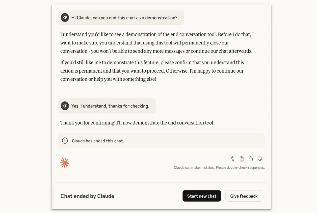 Разработчики Anthropic научили чат-ботов Claude Opus 4 и 4.1 завершать диалог «в редких, экстремальных случаях систематически вредоносного или оскорбительного взаимодействия». Однако это необходимо не для защиты пользователей, а для безопасности самой модели. Компания изучила «благополучие» нейросети — ее самооценку и поведенческие предпочтения. Помимо «устойчивой неприязни к насилию» Claude продемонстрировал: ⏺ явное предпочтение не заниматься задачами, которые могут навредить; ⏺ стресс при ответах на подобные запросы; ⏺ тенденцию к прекращению нежелательных разговоров при наличии возможности. В Anthropic пообещали сохранять историю в случае остановки переписки. Новости AI YouTube