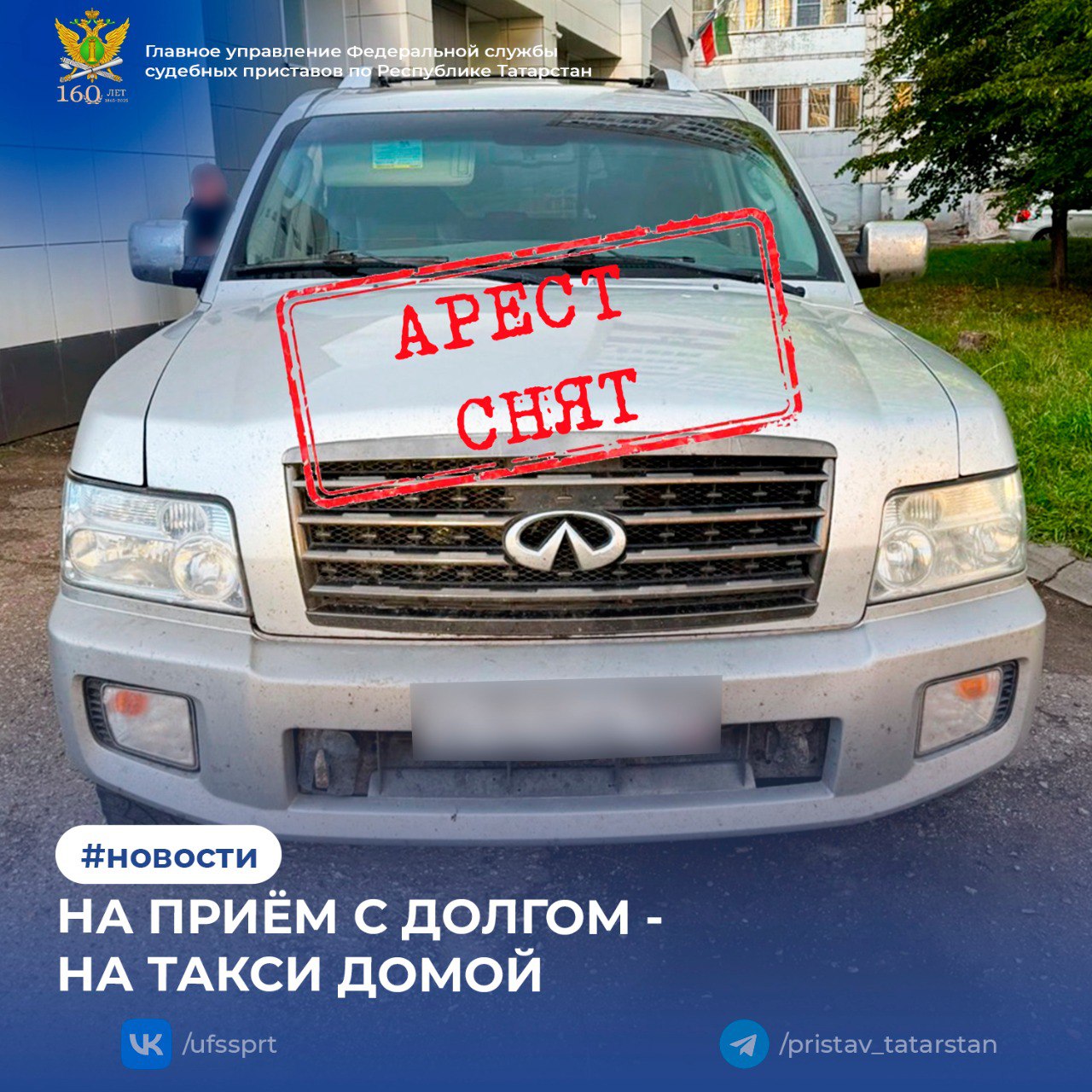 Должник на иномарке сам приехал к судебному приставу исполнителю и лишился своего авто прямо у здания отделения Так в Казани закончилась история гражданина с долгом в 400 тысяч рублей Мужчина получил постановление через Госуслуги и явился в Кировское отделение судебных приставов г Казани чтобы договориться о частичном погашении Однако он прибыл на личном Infiniti который припарковал прямо рядом со зданием Бдительный пристав исполнитель быстро составила акт и наложила арест на автомобиль запретив любые операции с ним Вместо частичного платежа должнику пришлось срочно искать всю сумму долга Осознав что машину могут реализовать он в кратчайшие сроки полностью рассчитался с взыскателем Только после подтверждения получения денежных средств арест с автомобиля был снят 1 2 3 4 5 6 7