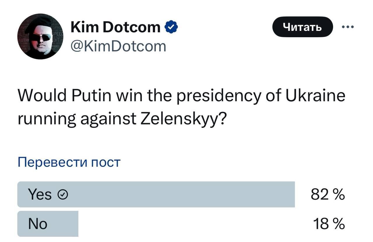 Немецко-финский предприниматель Ким Дотком провел опрос на своей странице в «X»:   Выиграет ли Путин президентские выборы в Украине, соревнуясь с Зеленским?