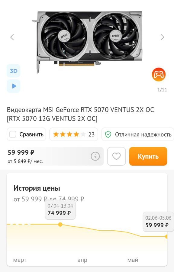RTX 50-серия ОБВАЛИЛАСЬ в цене — стоимость новых видеокарт рухнула до исторического минимума.  Уже сейчас можно купить заветный чип сразу на 20% дешевле, чем на старте.   — MSI RTX 5070: минус 15К, теперь по 60К  — Inno3D RTX 5080: под нож на 20К, отдают за 120К  — Palit RTX 5060: всего 32К, стартовала с 36К  Идеальный тайминг для апгрейда⌨